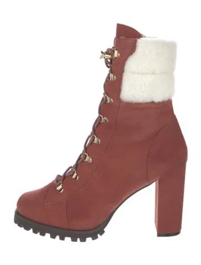 Pre-owned Stuart Weitzman Suede Faux Fur Trim Lace-up Boots W/ Tags In Red