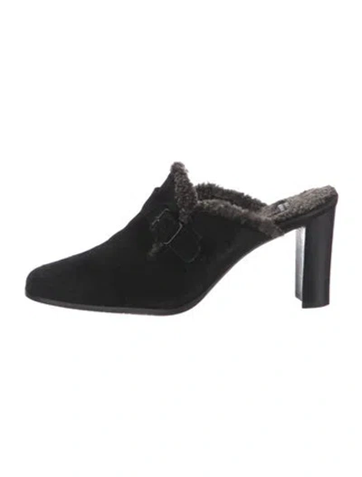Pre-owned Stuart Weitzman Suede Faux Fur Trim Mules In Black