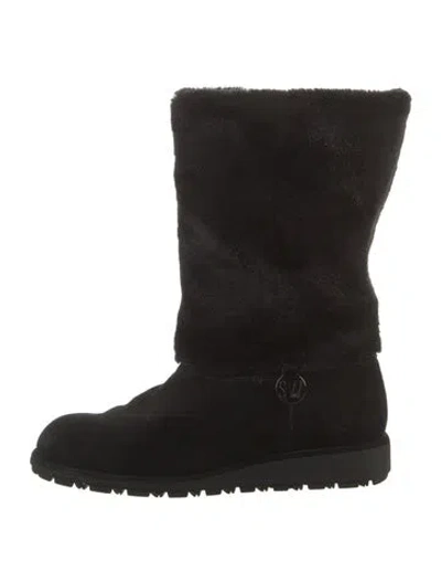 Pre-owned Stuart Weitzman Suede Faux Fur Trim Slouch Boots In Black