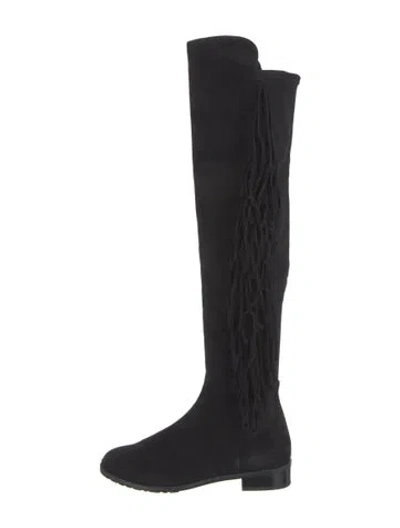 Pre-owned Stuart Weitzman Suede Fringe Trim Accent Boots In Black