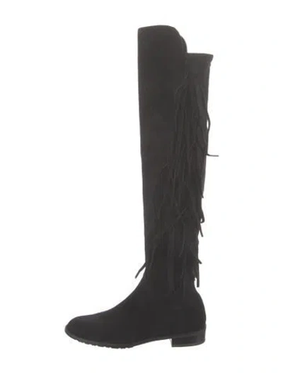 Pre-owned Stuart Weitzman Suede Fringe Trim Accent Boots In Black