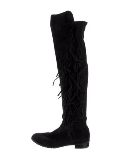 Pre-owned Stuart Weitzman Suede Fringe Trim Accent Boots In Black