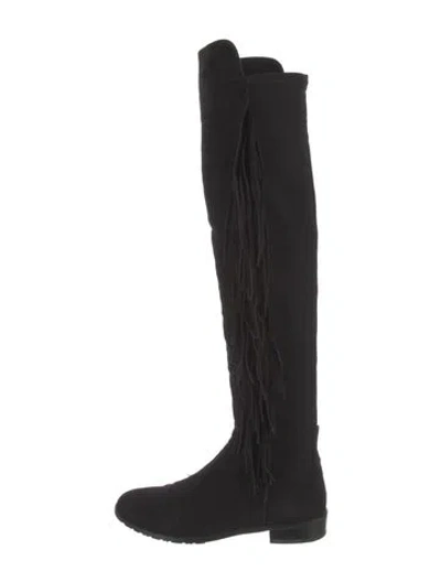Pre-owned Stuart Weitzman Suede Fringe Trim Accent Boots In Black