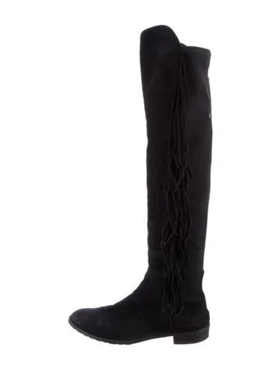 Pre-owned Stuart Weitzman Suede Fringe Trim Accent Boots In Black