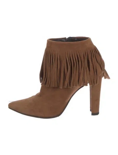 Pre-owned Stuart Weitzman Suede Fringe Trim Accent Boots In Brown