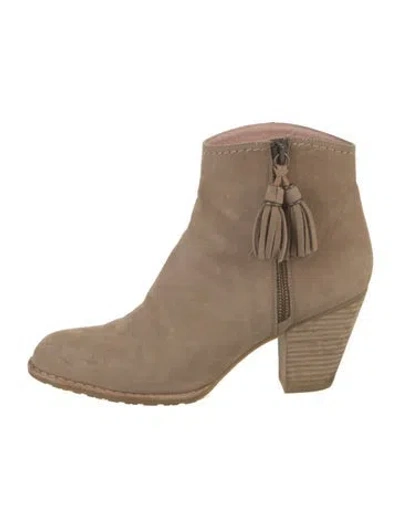 Pre-owned Stuart Weitzman Suede Fringe Trim Accent Boots In Neutral