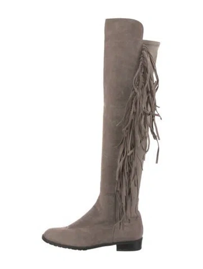 Pre-owned Stuart Weitzman Suede Fringe Trim Accent Boots In Neutral
