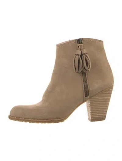 Pre-owned Stuart Weitzman Suede Fringe Trim Accent Boots In Neutral