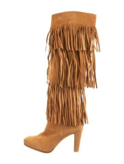 Pre-owned Stuart Weitzman Suede Fringe Trim Accent Boots In Neutrals