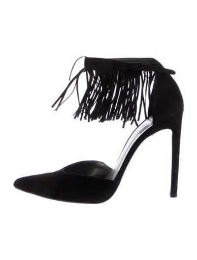 Pre-owned Stuart Weitzman Suede Fringe Trim Accent D'orsay Pumps In Black