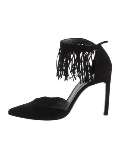 Pre-owned Stuart Weitzman Suede Fringe Trim Accent D'orsay Pumps In Black