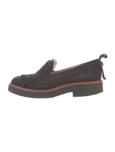 Pre-owned Stuart Weitzman Suede Fringe Trim Accent Loafers In Black