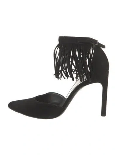 Pre-owned Stuart Weitzman Suede Fringe Trim Accent Pumps In Black