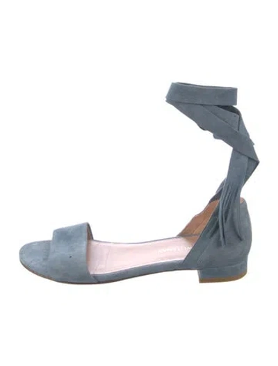 Pre-owned Stuart Weitzman Suede Fringe Trim Accent Sandals In Blue