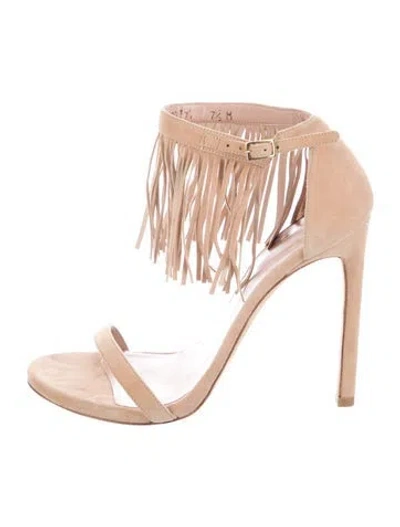 Pre-owned Stuart Weitzman Suede Fringe Trim Accent Sandals In Neutral