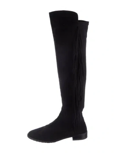 Pre-owned Stuart Weitzman Suede Fringe Trim Accent Slouch Boots In Black