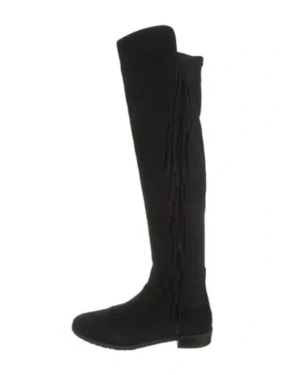 Pre-owned Stuart Weitzman Suede Fringe Trim Accent Slouch Boots In Black
