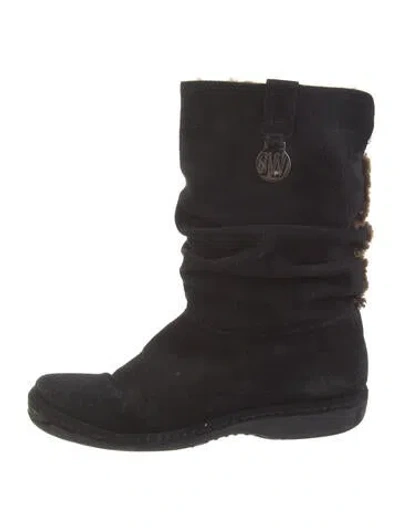 Pre-owned Stuart Weitzman Suede Fur Trim Boots In Black