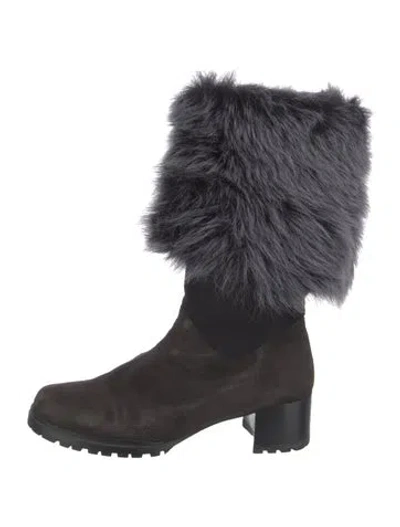 Pre-owned Stuart Weitzman Suede Fur Trim Boots In Black