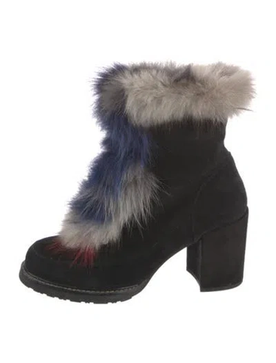 Pre-owned Stuart Weitzman Suede Fur Trim Boots In Black
