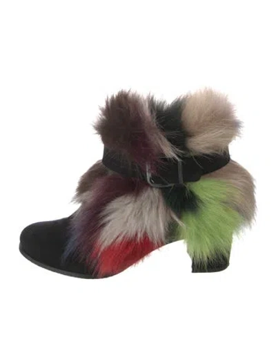 Pre-owned Stuart Weitzman Suede Fur Trim Boots In Black/blue/neutrals