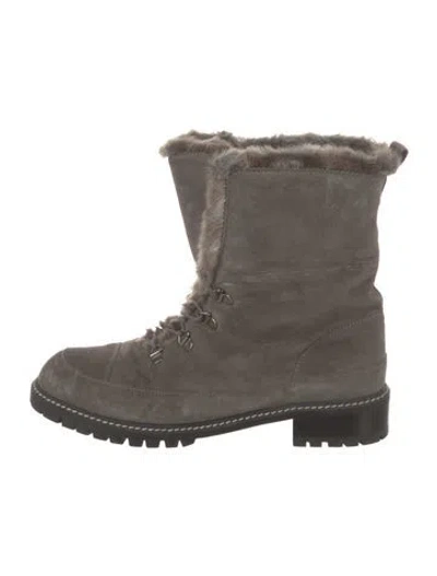Pre-owned Stuart Weitzman Suede Fur Trim Boots In Neutral