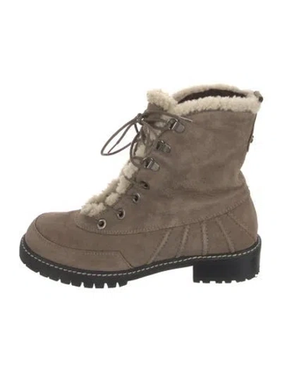 Pre-owned Stuart Weitzman Suede Fur Trim Combat Boots In Brown