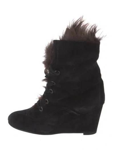 Pre-owned Stuart Weitzman Suede Fur Trim Lace-up Boots In Black