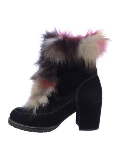 Pre-owned Stuart Weitzman Suede Fur Trim Lace-up Boots In Blue