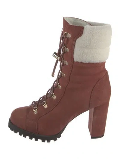 Pre-owned Stuart Weitzman Suede Fur Trim Lace-up Boots In Brown