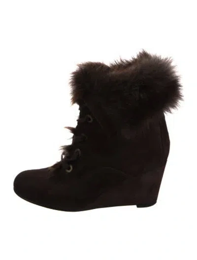 Pre-owned Stuart Weitzman Suede Fur Trim Lace-up Boots In Brown