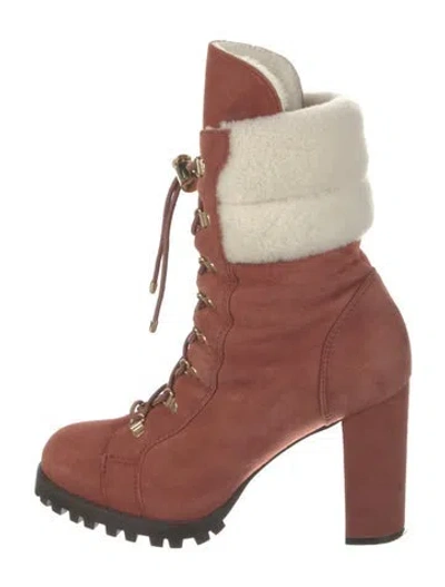 Pre-owned Stuart Weitzman Suede Fur Trim Lace-up Boots In Brown