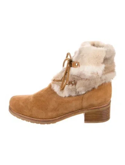 Pre-owned Stuart Weitzman Suede Fur Trim Lace-up Boots In Brown