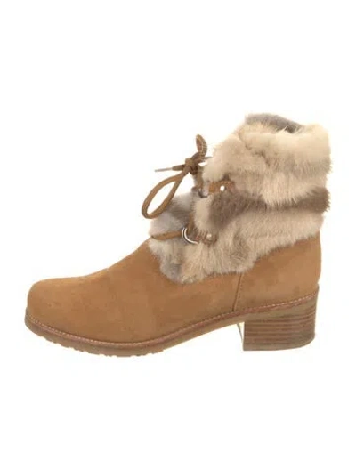 Pre-owned Stuart Weitzman Suede Fur Trim Lace-up Boots In Brown