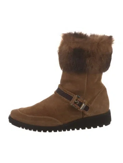 Pre-owned Stuart Weitzman Suede Fur Trim Moto Boots In Brown