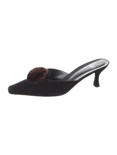 Pre-owned Stuart Weitzman Suede Fur Trim Mules In Black