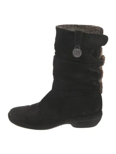 Pre-owned Stuart Weitzman Suede Fur Trim Rain Boots In Black