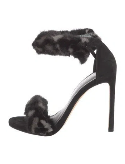 Pre-owned Stuart Weitzman Suede Fur Trim Sandals In Black