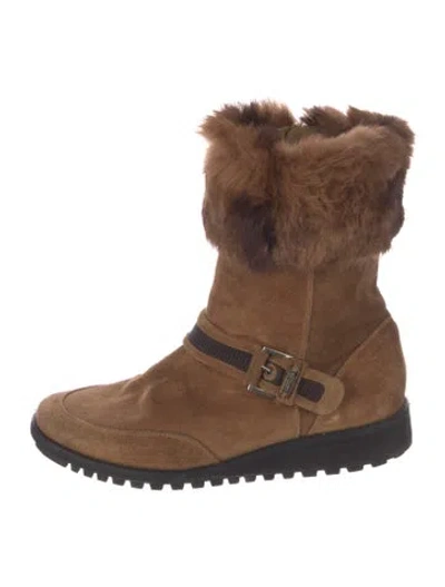 Pre-owned Stuart Weitzman Suede Fur Trim Slouch Boots In Brown