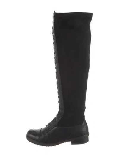 Pre-owned Stuart Weitzman Suede Lasercut Accents Lace-up Boots In Black