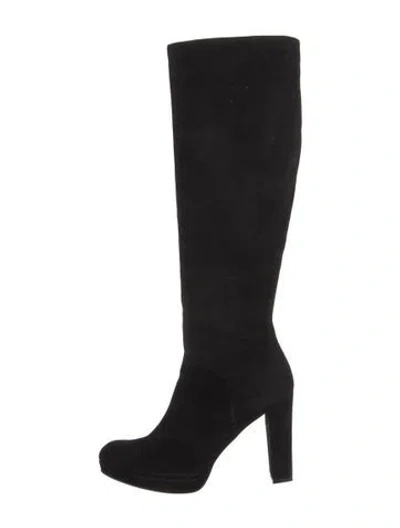 Pre-owned Stuart Weitzman Suede Leather Trim Embellishment Boots In Black