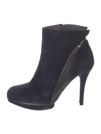 Pre-owned Stuart Weitzman Suede Leather Trim Embellishment Boots In Blue