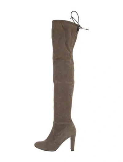 Pre-owned Stuart Weitzman Suede Leather Trim Embellishment Boots In Neutral