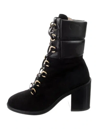 Pre-owned Stuart Weitzman Suede Leather Trim Embellishment Lace-up Boots In Black