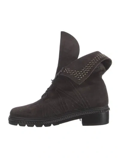 Pre-owned Stuart Weitzman Suede Studded Accents Combat Boots In Brown