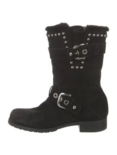 Pre-owned Stuart Weitzman Suede Studded Accents Moto Boots In Black