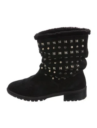 Pre-owned Stuart Weitzman Suede Studded Accents Moto Boots In Black