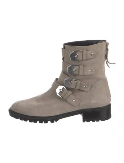 Pre-owned Stuart Weitzman Suede Studded Accents Moto Boots In Neutral