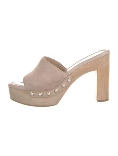 Pre-owned Stuart Weitzman Suede Studded Accents Slides In Neutrals