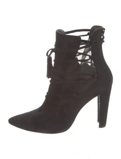 Pre-owned Stuart Weitzman Suede Tassel Accents Lace-up Boots In Black